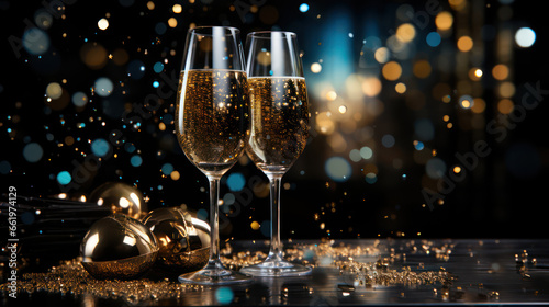 Two glasses of champagne gold glitter background. New year eve, Christmas party banner template with copy space for text photo