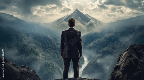 Businessman standing on cliff's edge and looking at the top of the mountain, Success leadership concept.