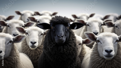 : An intriguing image featuring a black sheep within a flock of white sheep, set against a clean and uncluttered background, symbolizing uniqueness and individuality. © Bela