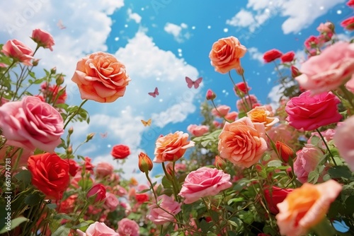Pink and red roses in the garden, red rose in the sky, scattered rose petals, orange flower against sky backdrop, beautiful flower garden. Generative AI