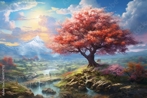 Picturing scenic springtime scenery adorned with colorful blooms. Generative AI