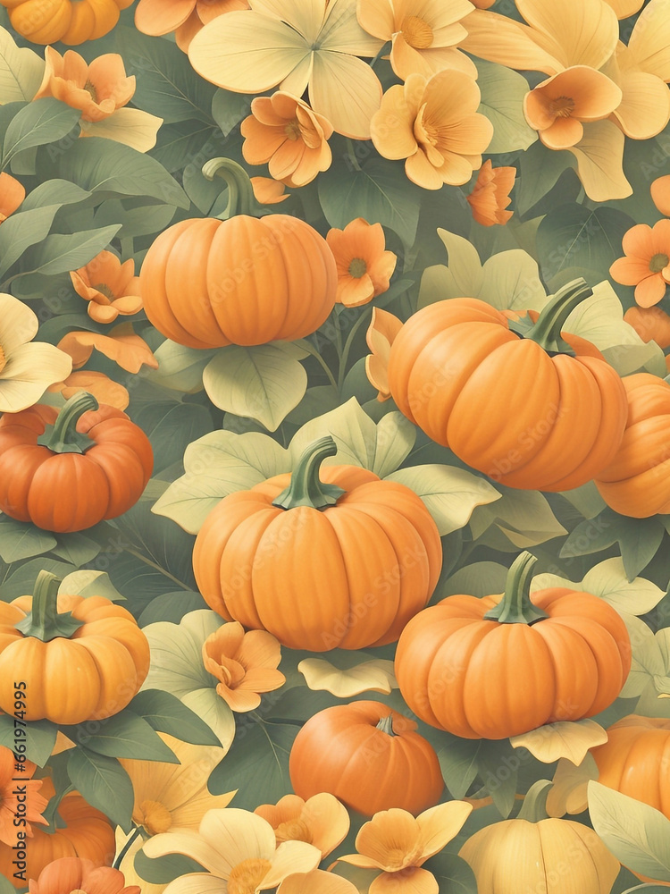 Illustrated Vintage Autumn Flower Fall floral Pumpkins pattern background Wallpaper Textile Print. Happy Halloween Day. Happy Thanksgiving Day