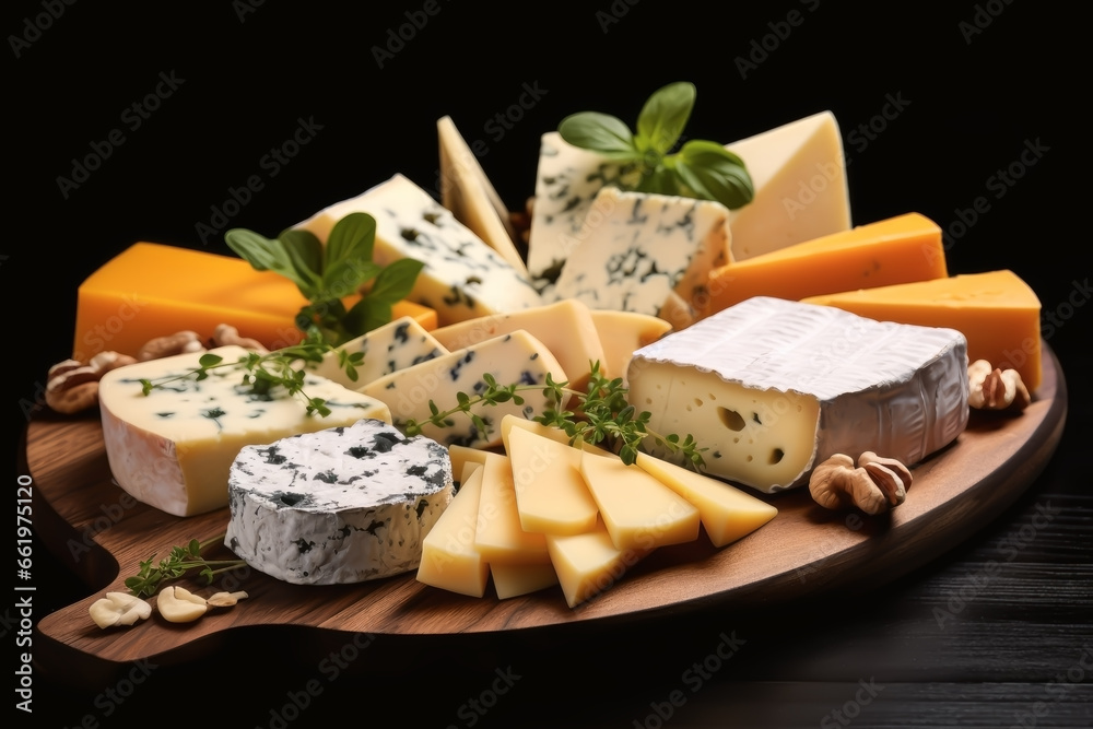 WOODEN TABLE WITH VARIOUS TYPES OF CHEESE