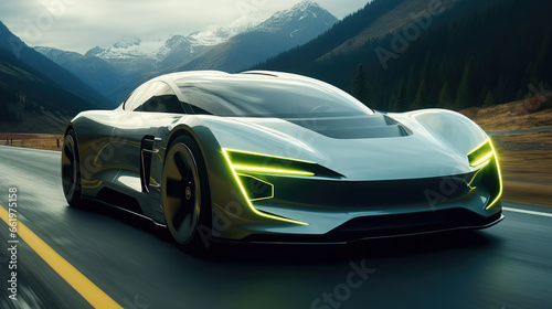 Electric vehicle sports car driving on road, Green energy and transportation concept. photo