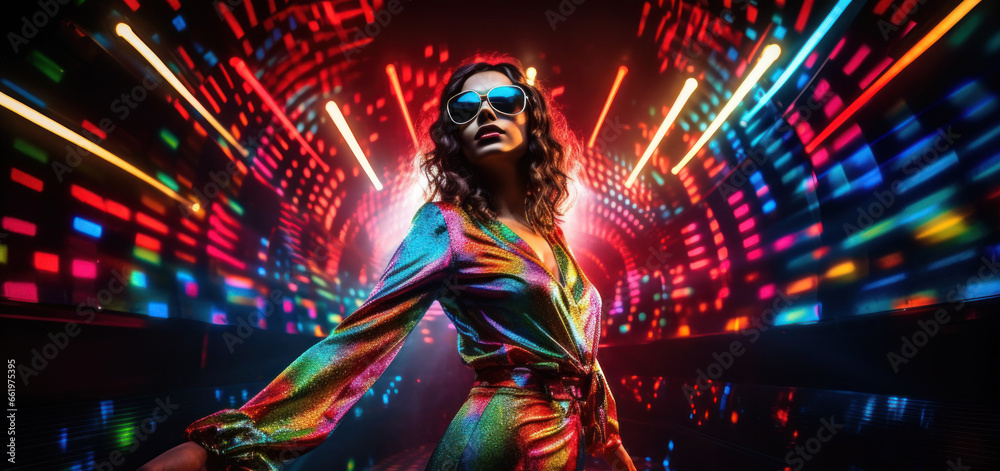 70s dancing girl posing in front of bright disco ball lights - obrazy, fototapety, plakaty 