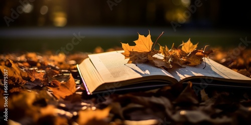 A Book Blanketed in Vibrantly Colored Leaves, Resting Gracefully in a Park, Celebrating the Season's Tranquil Beauty and Literary Escapade