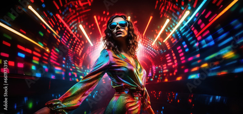 70s dancing girl posing in front of bright disco ball lights photo