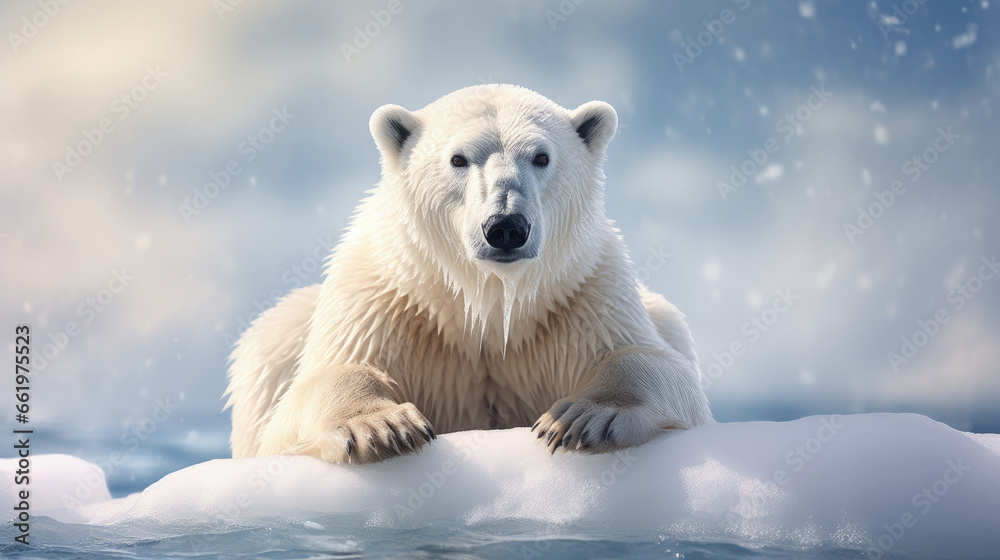 A poignant portrait featuring a majestic polar bear standing alone on a solitary ice floe, symbolizing the harsh realities of global warming. A poignant portrait featuring a majestic polar bear standing alone on a solitary ice floe, symbolizing the harsh realities of global warming.
