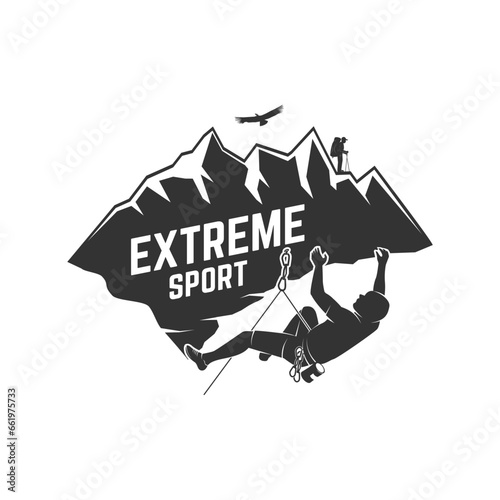 Extreme sport, Rock Climbing club badge. Vector illustration. Concept for shirt or logo, print, stamp or tee. Vintage typography design with climber on the mountains. Outdoors adventure