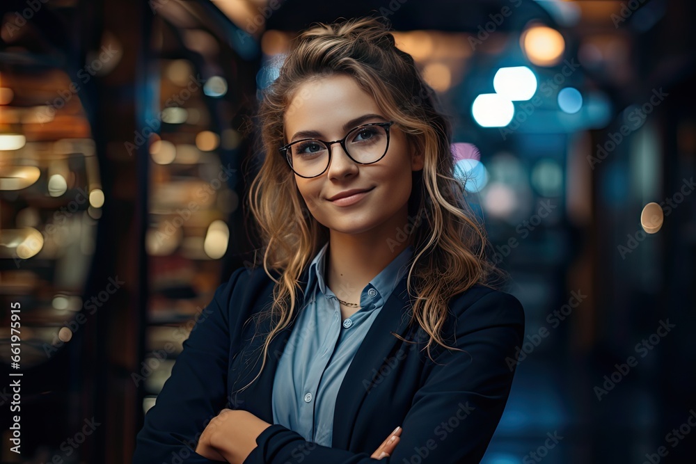 Piękna uśmiechnięta dziewczyna w okularach stojąca przed biurem z założonymi rękoma  - obrazy, fototapety, plakaty 