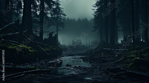 An evocative, misty dark forest landscape with dramatic lighting yields a mysterious atmosphere.