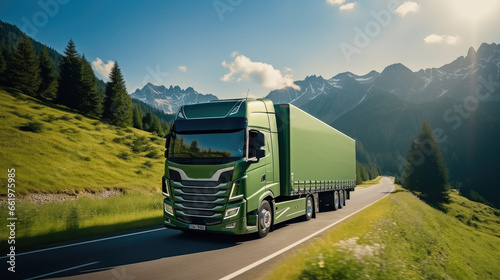 Green truck driving through lush green scenery with forest and mountains. photo