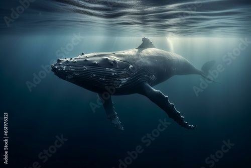 An individual humpback whale swimming alone in isolation. Generative AI © Daniel