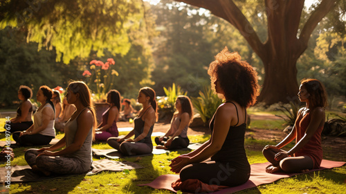 Embracing Wellness Amidst Pandemic  Women Engaging in Socially Distanced Yoga at Park photo