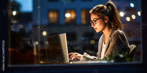 Late-Night Hustle: Female Entrepreneur Seen Through Window