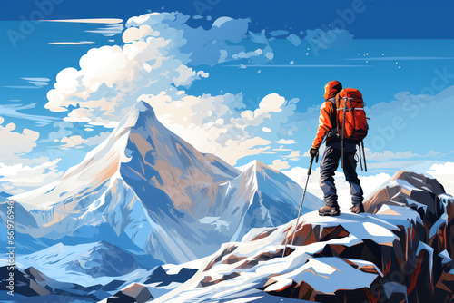Alpinist climber on the top of an icy mountain , goal achieved, active tourism and mountain travel, illustration