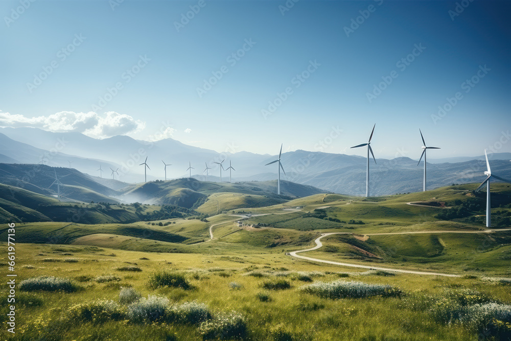 Wind turbines in a mountainous area, alternative energy sources in the mountains, green eco energy Wind turbines in a mountainous area, alternative energy sources in the mountains, green eco energy