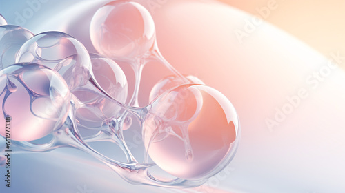 The inner workings of a molecule, encapsulated in a transparent liquid bubble, set against a soothing backdrop