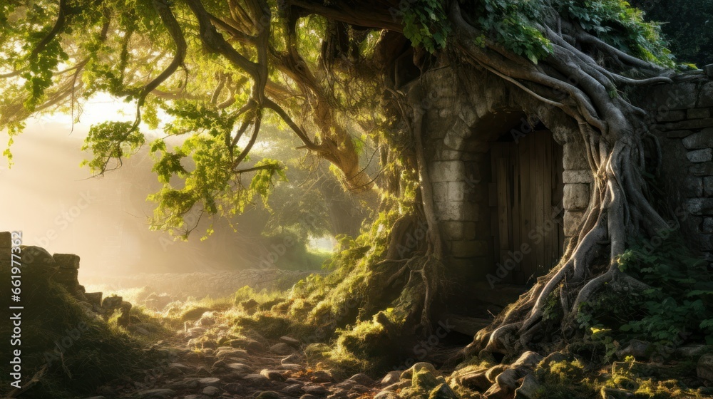 A historic gorge deep in a misty lush forest A historic gorge deep in a misty lush forest