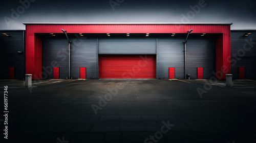 Closed gray red roller shutters, closed storage area or garage, warehouse space