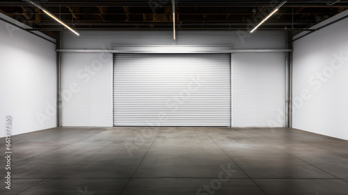 Closed gray roller shutters  closed storage area or garage  warehouse space