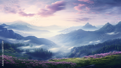 A peaceful hill view immortalized in soothing shades of green and pale purple  highlighting the magnificence of nature.