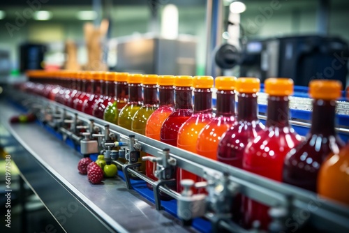 A juice production line with a blending process of various fruit flavors in a big bottle. Generative AI