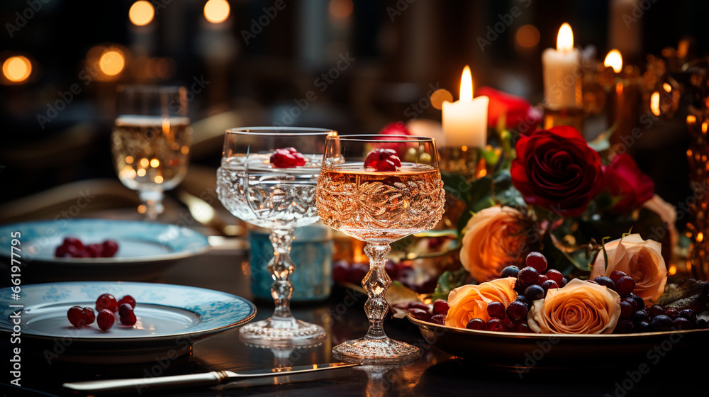 Holiday Feasts: Beautifully Decorated Christmas and New Year's Eve Dinner Tables. Generative AI.