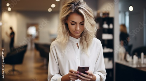 Young girl in hairdresser posing with phone in hand
