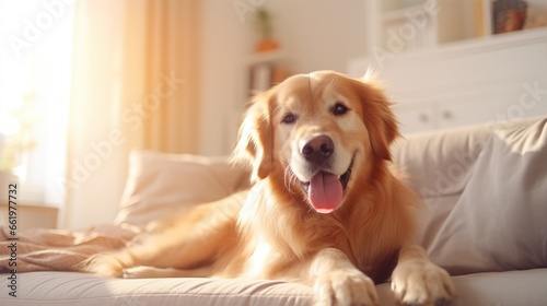 A happy golden retriever at home