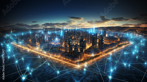 Picture a city of the future, where the Internet of Things and lightning-fast 5G connectivity converge to create a modern smart city. © ckybe