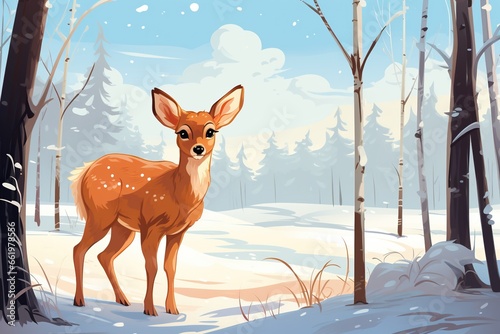 A fawn in the winter forest flat style. Symbol of New Year holidays