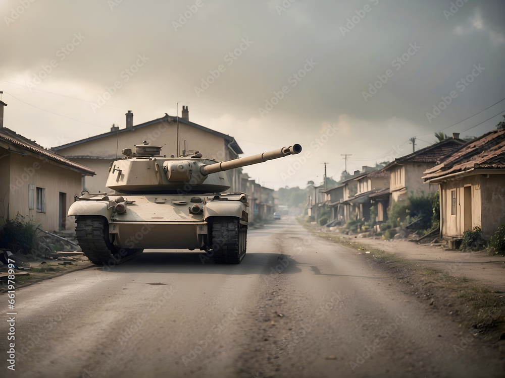 An armored tank moving through a town in a war field. fire smoke and ash in the background. An armored tank moving through a town in a war field. fire smoke and ash in the background.