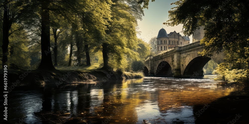 Small Castles Nestled Along a Meandering Waterway, Surrounded by Towering Trees That Evoke an Aura of Timeless Grandeur and Tranquil Beauty Small Castles Nestled Along a Meandering Waterway, Surrounded by Towering Trees That Evoke an Aura of Timeless Grandeur and Tranquil Beauty