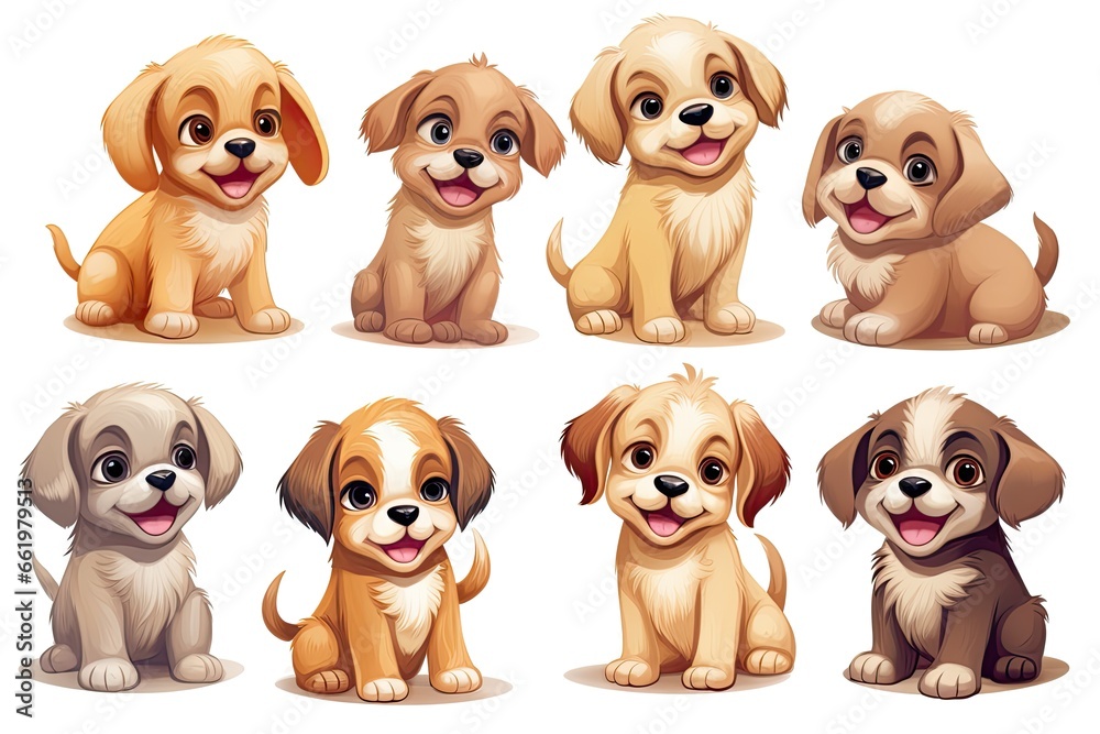 Set of funny puppies. Cartoon, soft coloring, flat vector design, isolated on white background