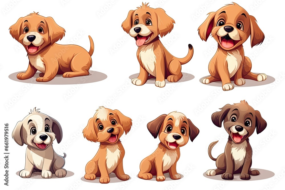 Set of funny puppies. Cartoon, soft coloring, flat vector design, isolated on white background Set of funny puppies. Cartoon, soft coloring, flat vector design, isolated on white background
