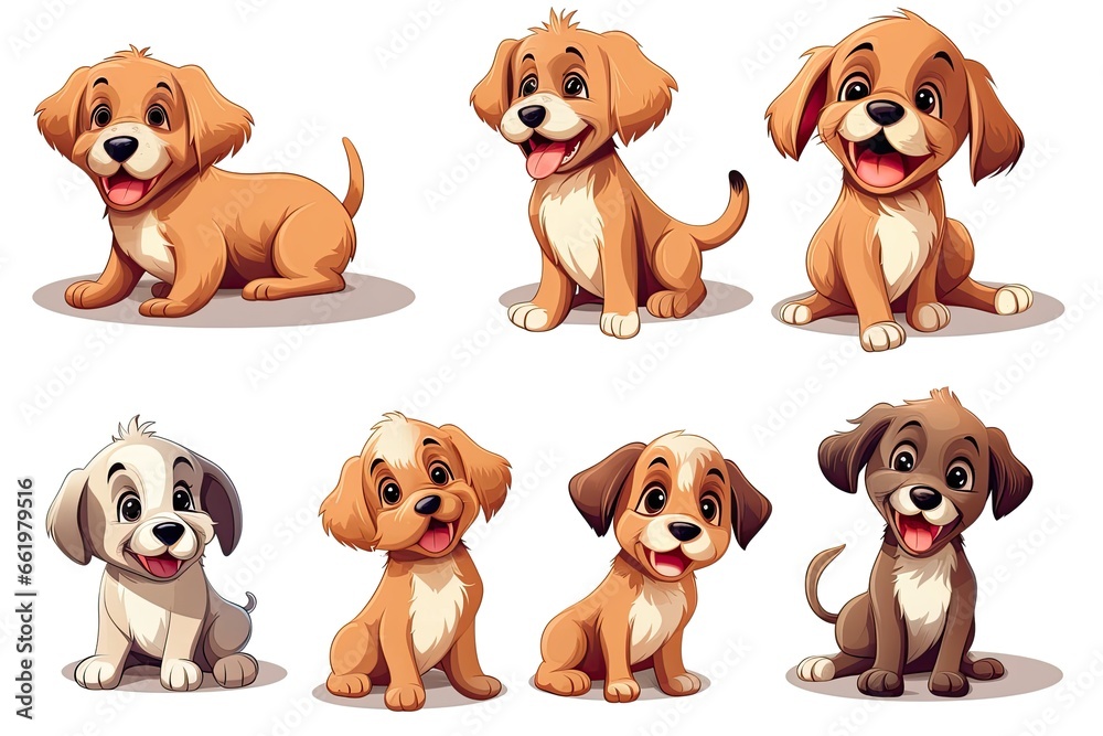 Set of funny puppies. Cartoon, soft coloring, flat vector design, isolated on white background