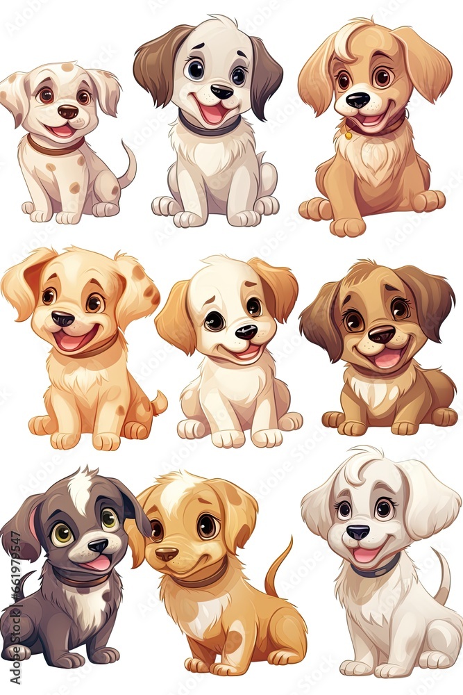 Set of funny puppies. Cartoon, soft coloring, flat vector design, isolated on white background