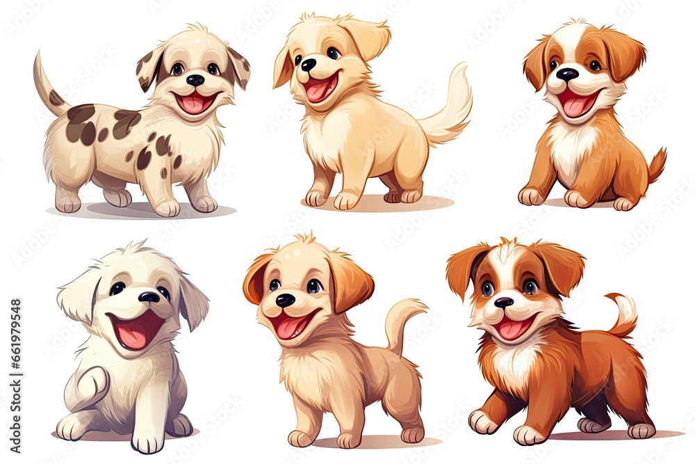 Set of funny puppies. Cartoon, soft coloring, flat vector design, isolated on white background