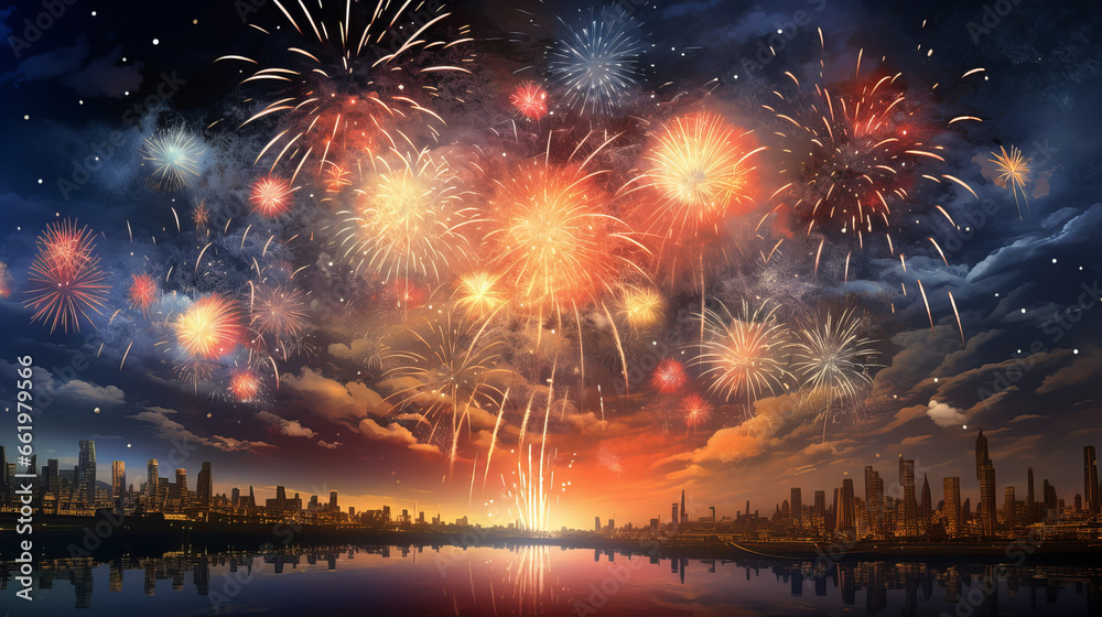 firework over a sea in the sunset, new years eve firework over a sea in the sunset, new years eve