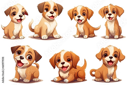 Set of funny puppies. Cartoon, soft coloring, flat vector design, isolated on white background © Daniil