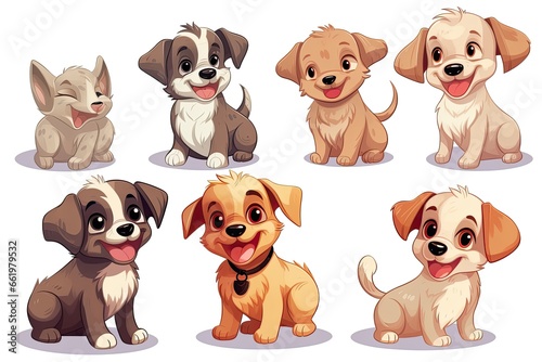 Set of funny puppies. Cartoon, soft coloring, flat vector design, isolated on white background