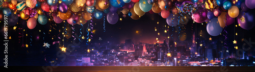 colorful sylvester party with balloons, confetti and steamers at midnight, new years eve banner