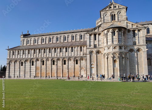 The cathedral of Pisa Leaning Tower at the Piazza dei Miracoli or the Square of Miracles in Pisa, Italy