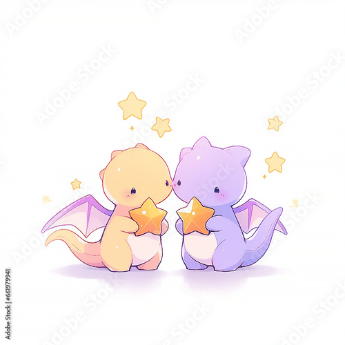 Christmas cute little 2 dragons hugging in watercolor style on white background