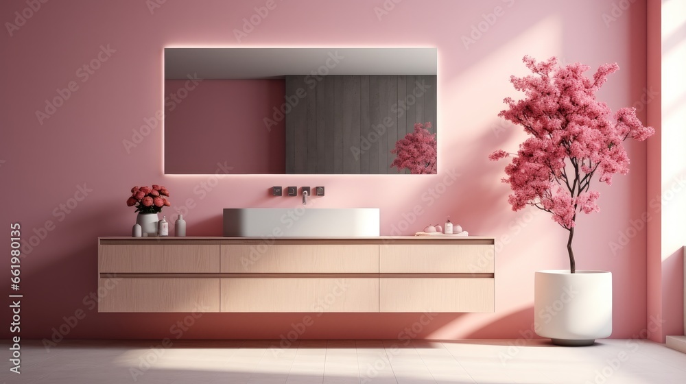 Contemporary bathroom with light pink.