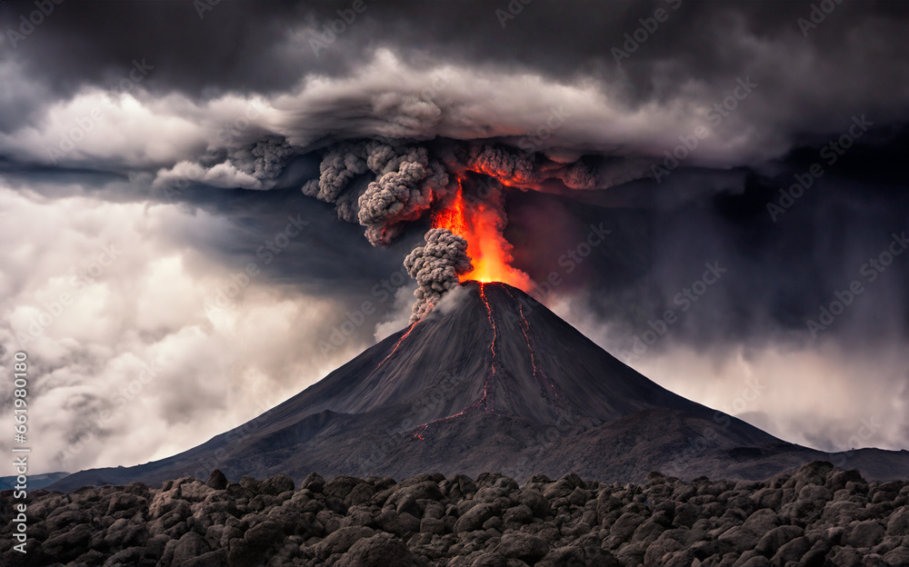 Photorealistic image of the dramatic spectacle of a volcano in full eruption against a dark, stormy sky. The volcano is spewing glowing red and orange lava and dark gray ash clouds into the sky, 