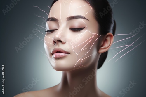 An Asian Woman With Lifting Effect Lines Representing Face Lift Treatment