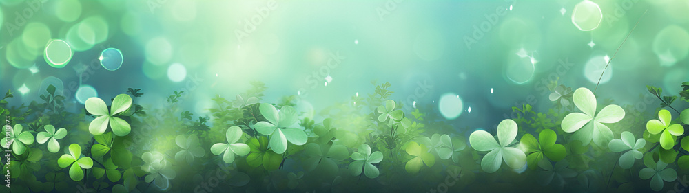 happy new year banner with four-leaf clover as a lucky charm on blurred background - obrazy, fototapety, plakaty 