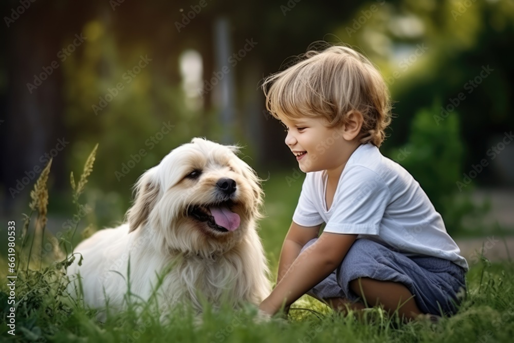 Cheerful Boy Playing With Cute Dog In The Garden Unconditional Joy Cheerful Boy Playing With Cute Dog In The Garden Unconditional Joy